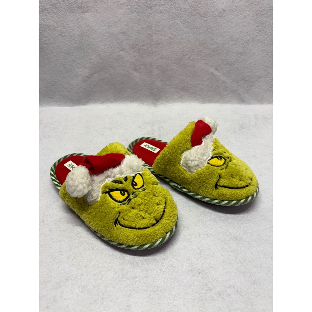 Dr Seuss The Grinch Christmas Plush Slippers Green Red Santa Hat Kids Size 13-1